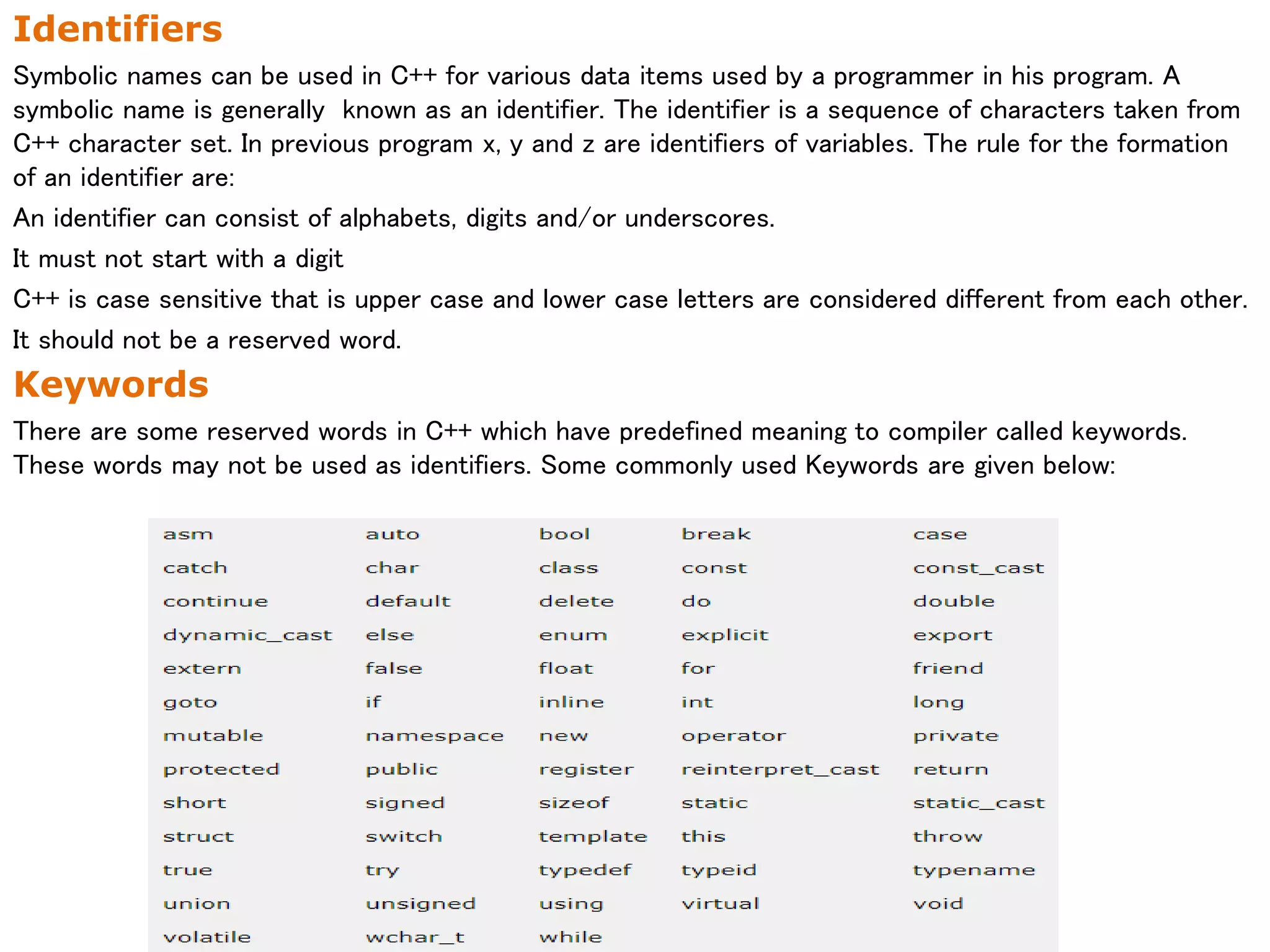Identifiers
Symbolic names can be used in C++ for various data items used by a programmer in his program. A
symbolic name is generally known as an identifier. The identifier is a sequence of characters taken from
C++ character set. In previous program x, y and z are identifiers of variables. The rule for the formation
of an identifier are:
An identifier can consist of alphabets, digits and/or underscores.
It must not start with a digit
C++ is case sensitive that is upper case and lower case letters are considered different from each other.
It should not be a reserved word.
Keywords
There are some reserved words in C++ which have predefined meaning to compiler called keywords.
These words may not be used as identifiers. Some commonly used Keywords are given below:
 