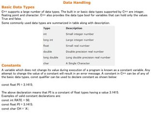 Data Handling
Basic Data Types
C++ supports a large number of data types. The built in or basic data types supported by C++ are integer,
floating point and character. C++ also provides the data type bool for variables that can hold only the values
True and false.
Some commonly used data types are summarized in table along with description.
Constants
A variable which does not change its value during execution of a program is known as a constant variable. Any
attempt to change the value of a constant will result in an error message. A constant in C++ can be of any of
the basic data types, const qualifier can be used to declare constant as shown below:
const float PI = 3.1415;
The above declaration means that PI is a constant of float types having a value 3.1415.
Examples of valid constant declarations are:
const int RATE = 50;
const float PI = 3.1415;
const char CH = 'A';
 