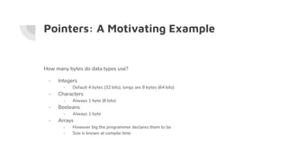 Pointers: A Motivating Example
How many bytes do data types use?
- Integers
- Default 4 bytes (32 bits), longs are 8 bytes (64 bits)
- Characters
- Always 1 byte (8 bits)
- Booleans
- Always 1 byte
- Arrays
- However big the programmer declares them to be
- Size is known at compile time
 