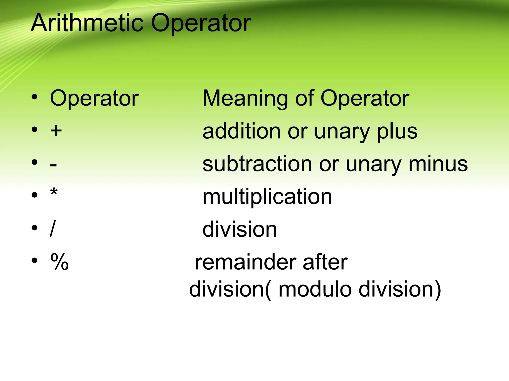 Arithmetic Operator
• Operator Meaning of Operator
• + addition or unary plus
• - subtraction or unary minus
• * multiplication
• / division
• % remainder after
division( modulo division)
 