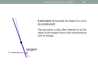 WHAT IS CALCULUS: DR. A K TIWARI 18
A derivative is basically the slope of a curve
at a single point.
The derivative is also often referred to as the
slope of the tangent line or the instantaneous
rate of change.
 