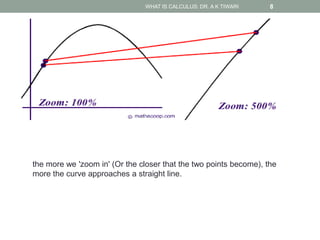 WHAT IS CALCULUS: DR. A K TIWARI 8
the more we 'zoom in' (Or the closer that the two points become), the
more the curve approaches a straight line.
 