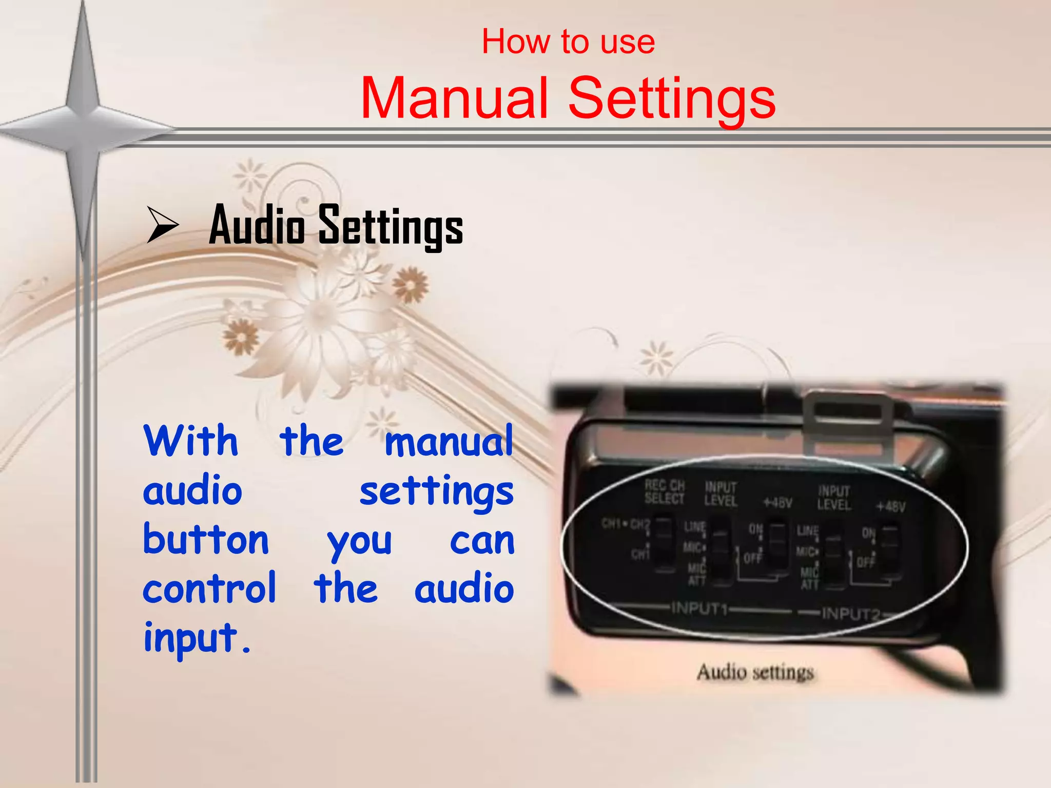 How to use
          Manual Settings

 Audio Settings



With the manual
audio     settings
button you can
control the audio
input.
 