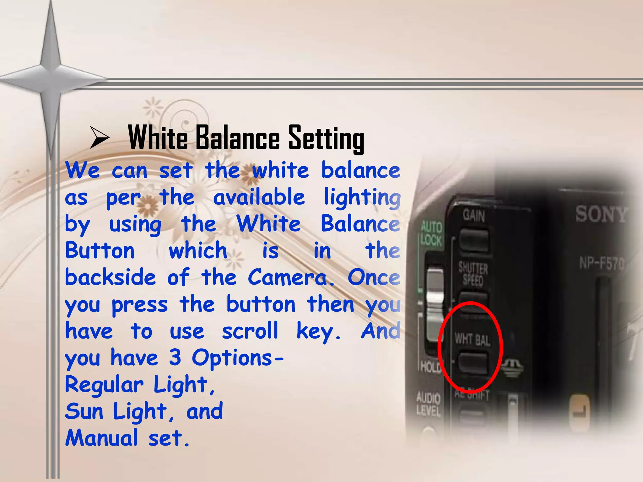  White Balance Setting
We can set the white balance
as per the available lighting
by using the White Balance
Button   which   is   in  the
backside of the Camera. Once
you press the button then you
have to use scroll key. And
you have 3 Options-
Regular Light,
Sun Light, and
Manual set.
 