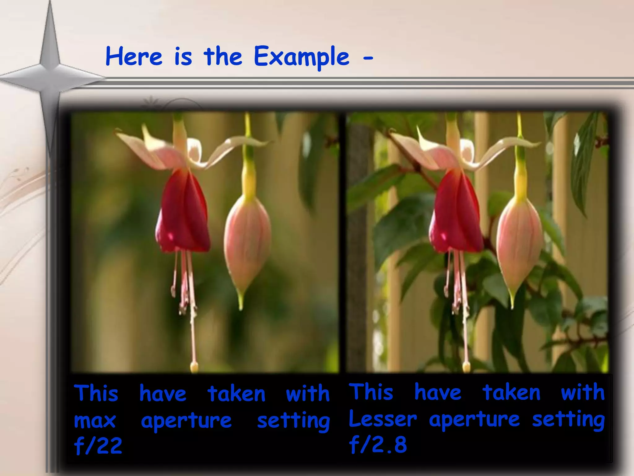 Here is the Example -




This have taken with This have taken with
max aperture setting Lesser aperture setting
f/22                 f/2.8
 