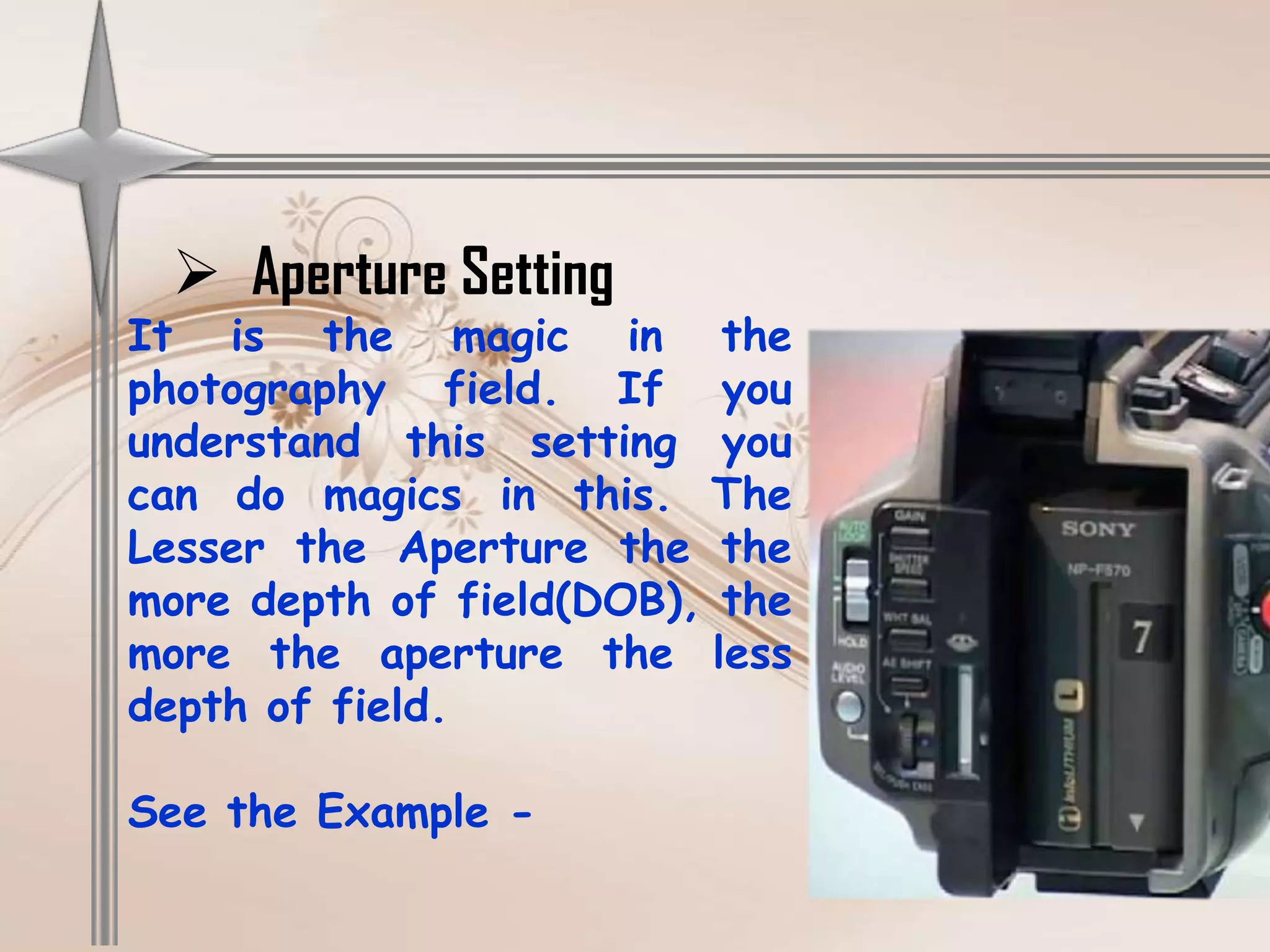  Aperture Setting
It is the magic in the
photography field. If you
understand this setting you
can do magics in this. The
Lesser the Aperture the the
more depth of field(DOB), the
more the aperture the less
depth of field.

See the Example -
 