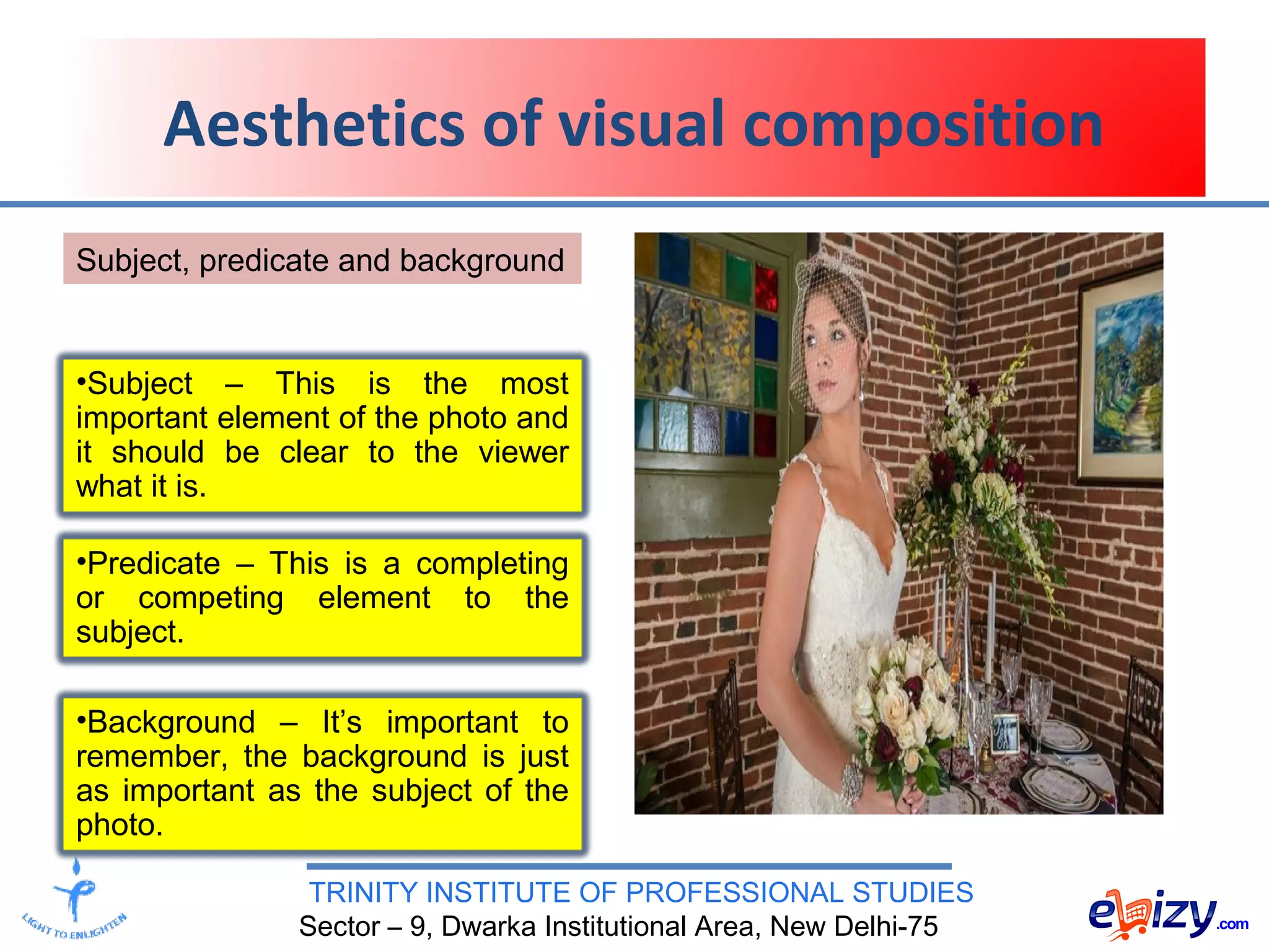TRINITY INSTITUTE OF PROFESSIONAL STUDIES
Sector – 9, Dwarka Institutional Area, New Delhi-75
Aesthetics of visual composition
•Subject – This is the most
important element of the photo and
it should be clear to the viewer
what it is.
Subject, predicate and background
•Predicate – This is a completing
or competing element to the
subject.
•Background – It’s important to
remember, the background is just
as important as the subject of the
photo.
 