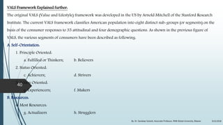 VALS Framework Explained further:
The original VALS (Value and Lifestyle) framework was developed in the US by Arnold Mitchell of the Stanford Research
Institute. The current VALS framework classifies American population into eight distinct sub-groups (or segments) on the
basis of the consumer responses to 35 attitudinal and four demographic questions. As shown in the previous figure of
VALS, the various segments of consumers have been described as following:
A. Self-Orientation:
1. Principle Oriented:
a. Fulfilled or Thinkers; b. Believers
2. Status Oriented:
c. Achievers; d. Strivers
3. Action Oriented:
e. Experiencers; f. Makers
B. Resources:
4. Most Resources:
g. Actualizers h. Strugglers
9/22/2018By: Dr. Sandeep Solanki, Associate Professor, RNB Global University, Bikaner
40
 