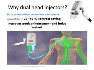 Why dual head injectors?
Push contrast from connectors and venous
circulation  20 -40 % contrast saving
Improves peak enhancement and bolus
arrival
 