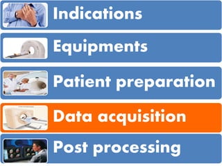 Indications
Equipments
Patient preparation
Data acquisition
Post processing
 