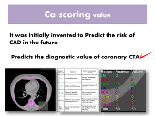 Ca scoring value
It was initially invented to Predict the risk of
CAD in the future
Predicts the diagnostic value of coronary CTA
 