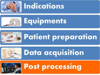 Indications
Equipments
Patient preparation
Data acquisition
Post processing
 