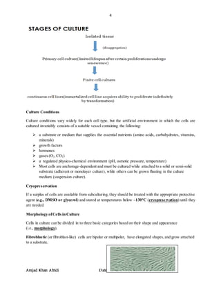 4
Amjad Khan Afridi Date: 13th
May, 2017
Culture Conditions
Culture conditions vary widely for each cell type, but the artificial environment in which the cells are
cultured invariably consists of a suitable vessel containing the following:
 a substrate or medium that supplies the essential nutrients (amino acids, carbohydrates, vitamins,
minerals)
 growth factors
 hormones
 gases (O2,CO2)
 a regulated physico-chemical environment (pH, osmotic pressure, temperature)
 Most cells are anchorage-dependent and must be cultured while attached to a solid or semi-solid
substrate (adherent or monolayer culture), while others can be grown floating in the culture
medium (suspension culture).
Cryopreservation
If a surplus of cells are available from subculturing, they should be treated with the appropriate protective
agent (e.g., DMSO or glycerol) and stored at temperatures below –130°C (cryopreservation) until they
are needed.
Morphology ofCells in Culture
Cells in culture can be divided in to three basic categories based on their shape and appearance
(i.e., morphology).
Fibroblastic (or fibroblast-like) cells are bipolar or multipolar, have elongated shapes,and grow attached
to a substrate.
 