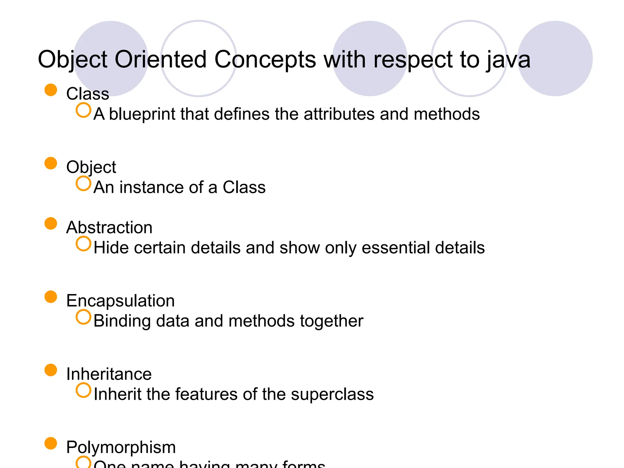 Object Oriented Concepts with respect to java
Class
A blueprint that defines the attributes and methods
Object
An instance of a Class
Abstraction
Hide certain details and show only essential details
Encapsulation
Binding data and methods together
Inheritance
Inherit the features of the superclass
Polymorphism
 