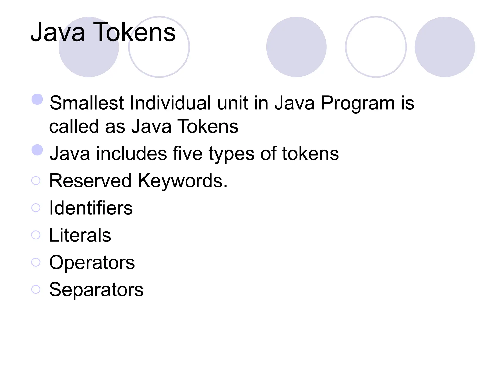 Java Tokens
Smallest Individual unit in Java Program is
called as Java Tokens
Java includes five types of tokens
o Reserved Keywords.
o Identifiers
o Literals
o Operators
o Separators
 
