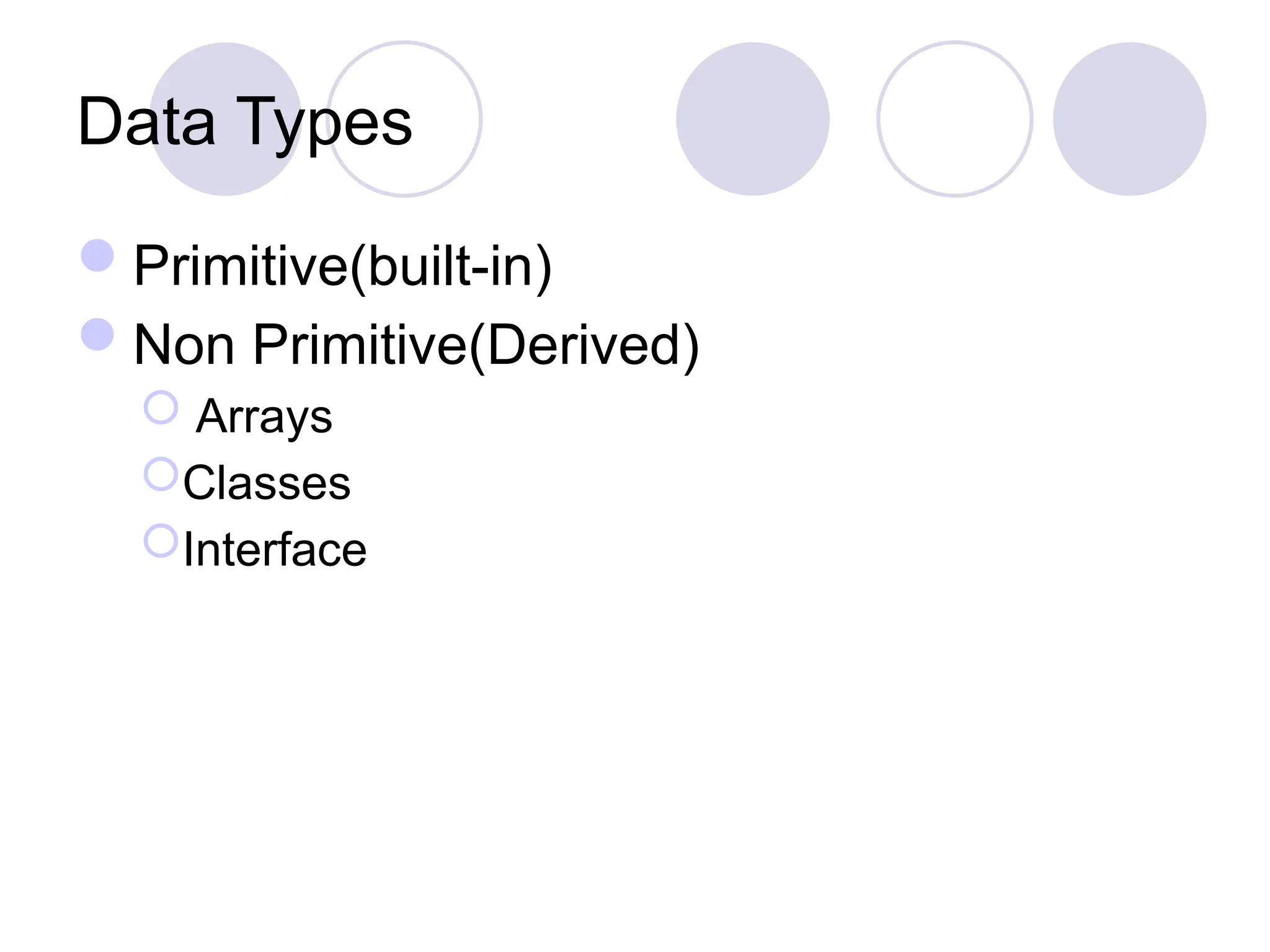 Data Types
Primitive(built-in)
Non Primitive(Derived)
 Arrays
Classes
Interface
 