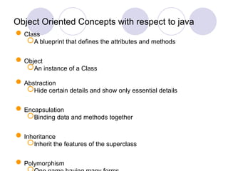 Object Oriented Concepts with respect to java
Class
A blueprint that defines the attributes and methods
Object
An instance of a Class
Abstraction
Hide certain details and show only essential details
Encapsulation
Binding data and methods together
Inheritance
Inherit the features of the superclass
Polymorphism
 