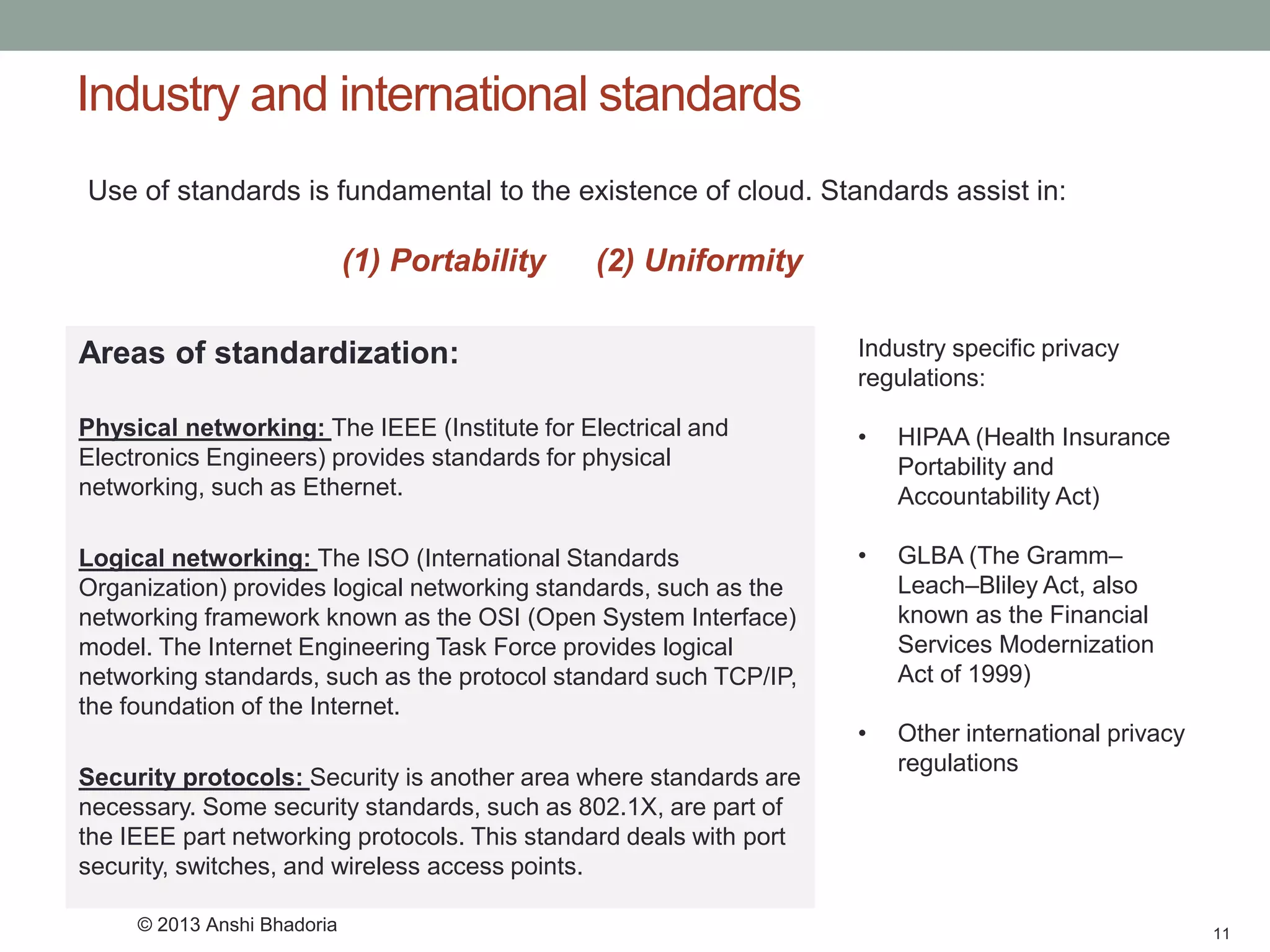 Industry and international standards 
11 
Use of standards is fundamental to the existence of cloud. Standards assist in: 
(1) Portability (2) Uniformity 
Areas of standardization: 
Physical networking: The IEEE (Institute for Electrical and Electronics Engineers) provides standards for physical networking, such as Ethernet. 
Logical networking: The ISO (International Standards Organization) provides logical networking standards, such as the networking framework known as the OSI (Open System Interface) model. The Internet Engineering Task Force provides logical networking standards, such as the protocol standard such TCP/IP, the foundation of the Internet. 
Security protocols: Security is another area where standards are necessary. Some security standards, such as 802.1X, are part of the IEEE part networking protocols. This standard deals with port security, switches, and wireless access points. 
Industry specific privacy regulations: 
•HIPAA (Health Insurance Portability and Accountability Act) 
•GLBA (TheGramm– Leach–Bliley Act, also known as the Financial Services Modernization Act of 1999) 
•Other international privacy regulations 
© 2013 Anshi Bhadoria  