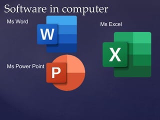 Software in computer
Ms Word
Ms Power Point
Ms Excel
 