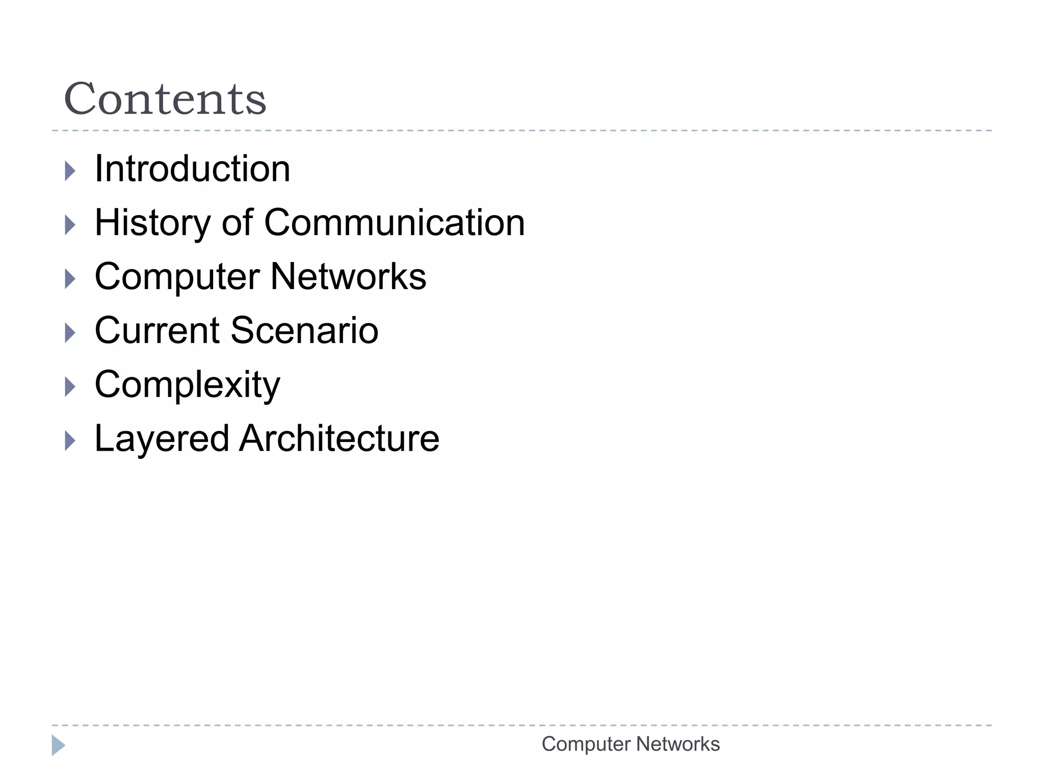 ContentsIntroductionHistory of CommunicationComputer NetworksCurrent ScenarioComplexityLayered ArchitectureComputer Networks