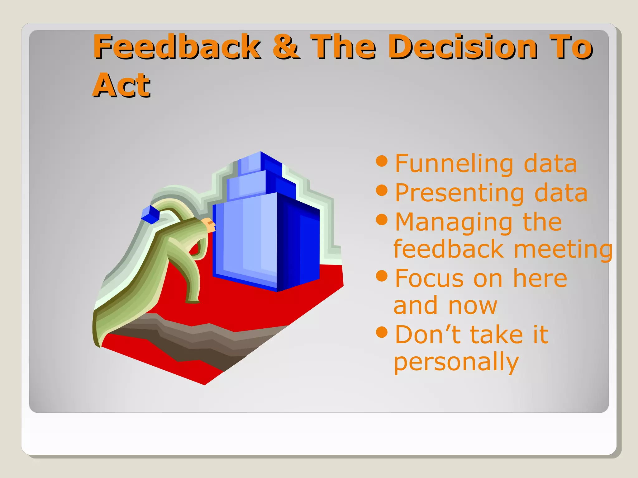 Feedback & The Decision ToFeedback & The Decision To
ActAct
Funneling data
Presenting data
Managing the
feedback meeting
Focus on here
and now
Don’t take it
personally
 