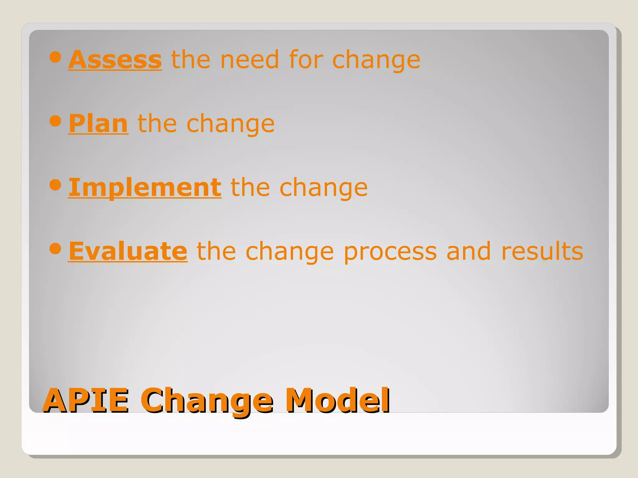 APIE Change ModelAPIE Change Model
Assess the need for change
Plan the change
Implement the change
Evaluate the change process and results
 