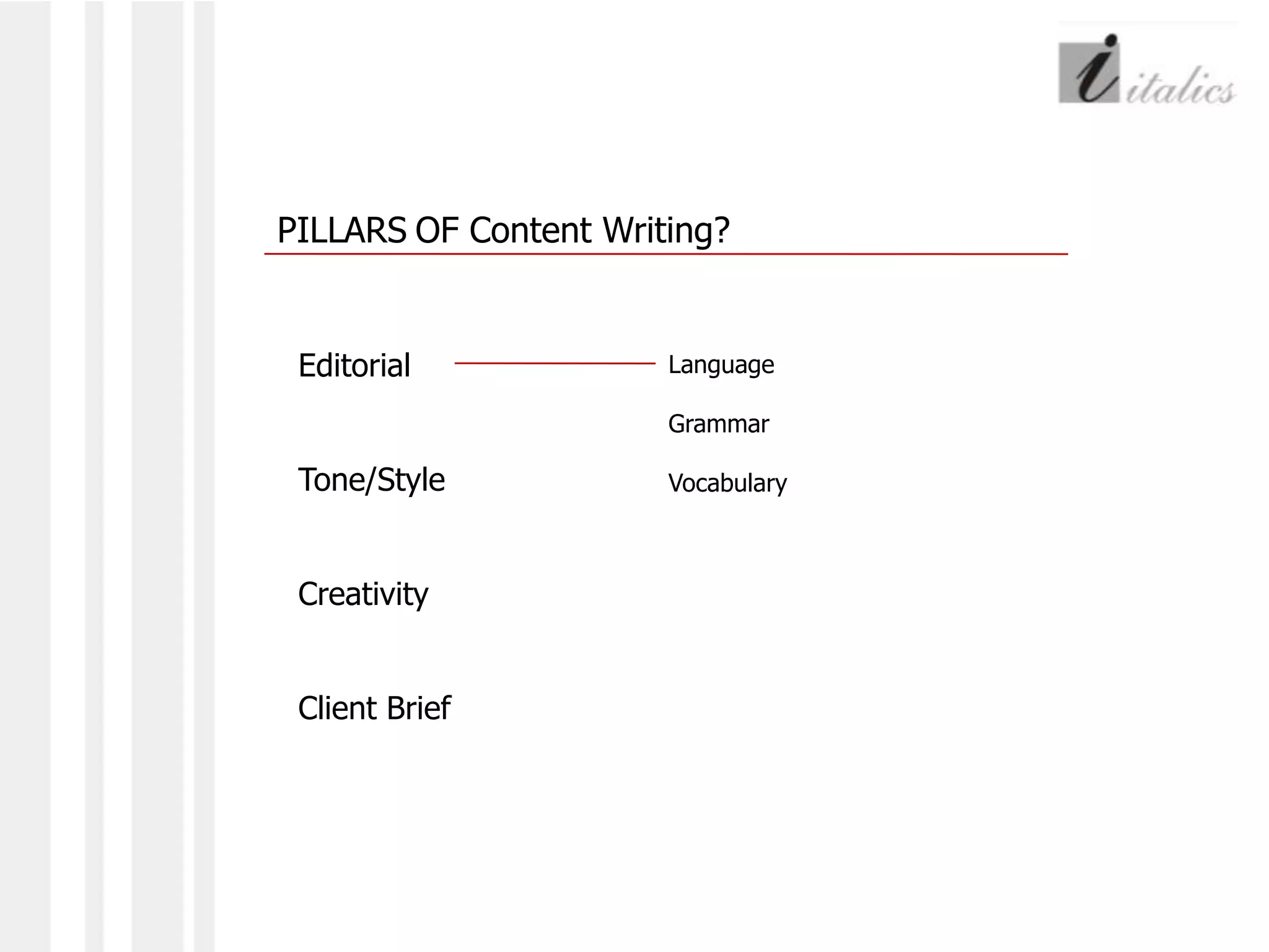 PILLARSOF Content Writing?EditorialTone/StyleCreativityClient BriefLanguage GrammarVocabulary