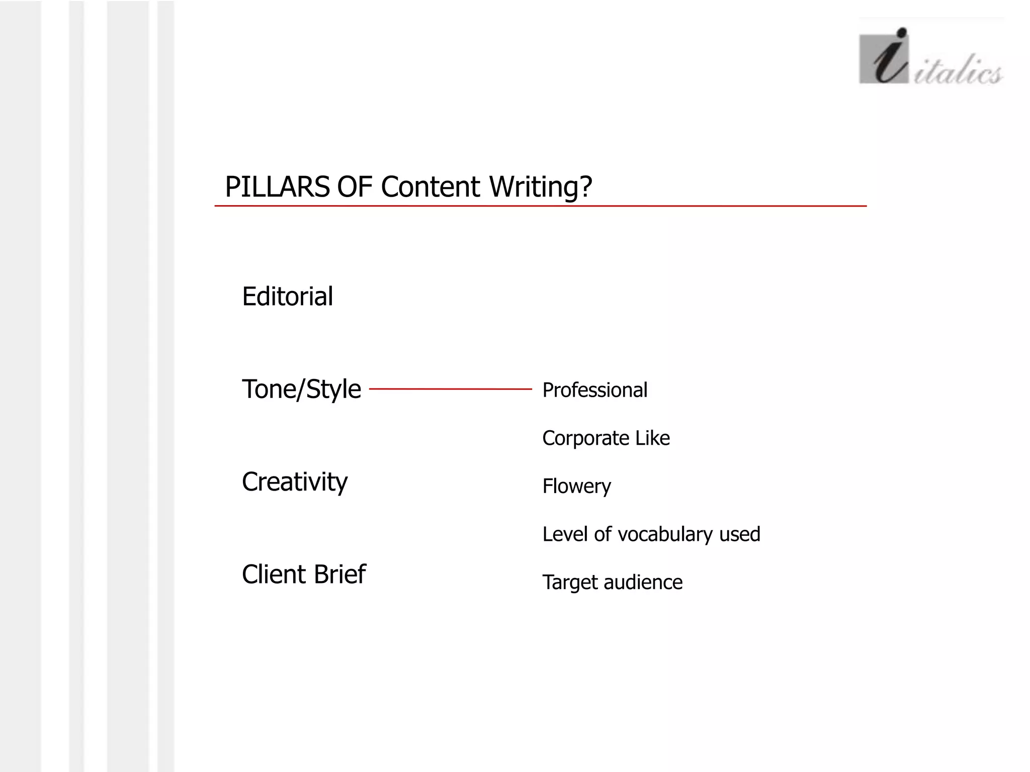 PILLARSOF Content Writing?EditorialTone/StyleCreativityClient BriefProfessionalCorporate LikeFloweryLevel of vocabulary usedTarget audience