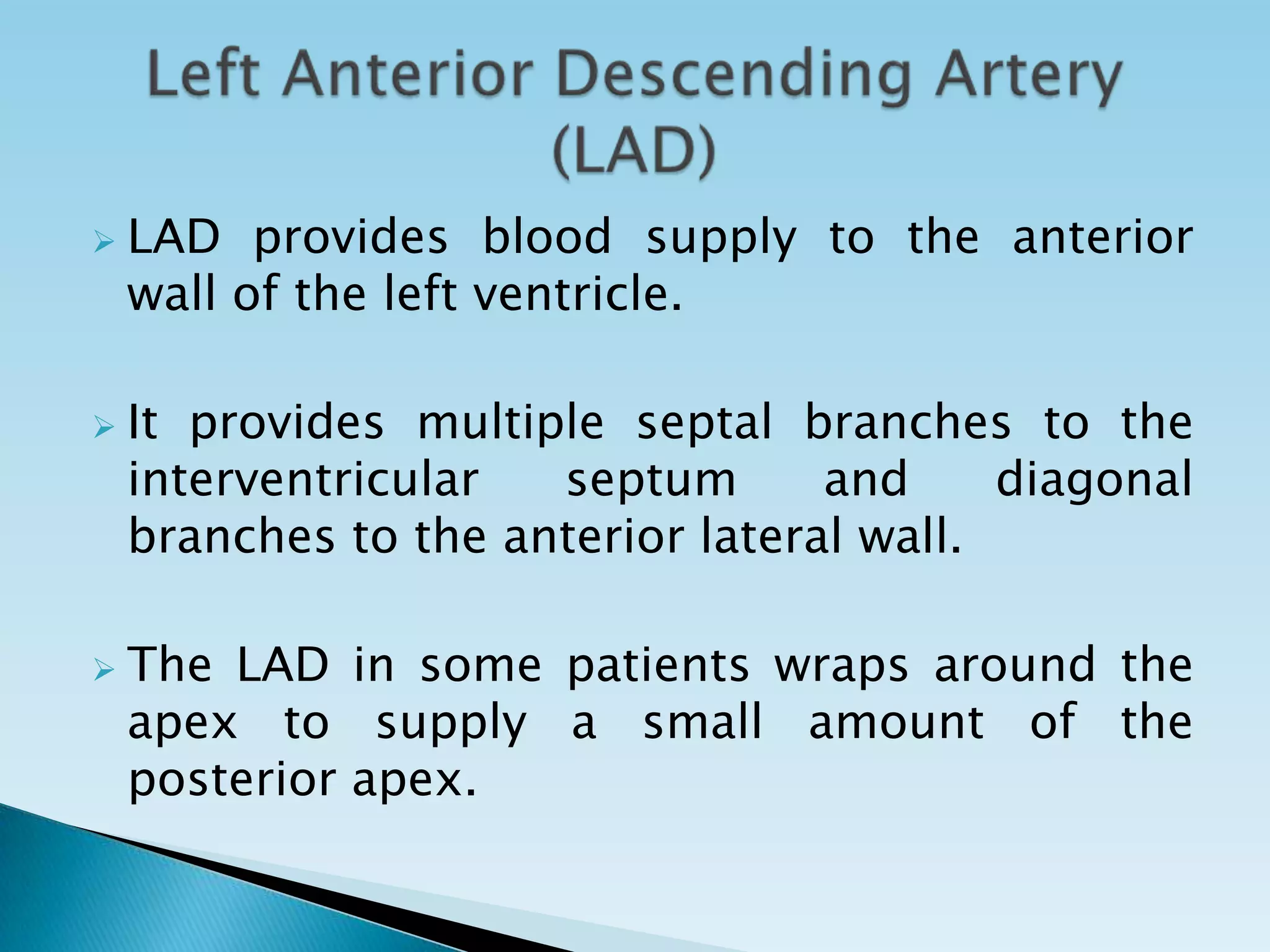    LAD provides blood supply to the anterior
    wall of the left ventricle.

   It provides multiple septal branches to the
    interventricular  septum       and     diagonal
    branches to the anterior lateral wall.

   The LAD in some patients wraps around the
    apex to supply a small amount of the
    posterior apex.
 
