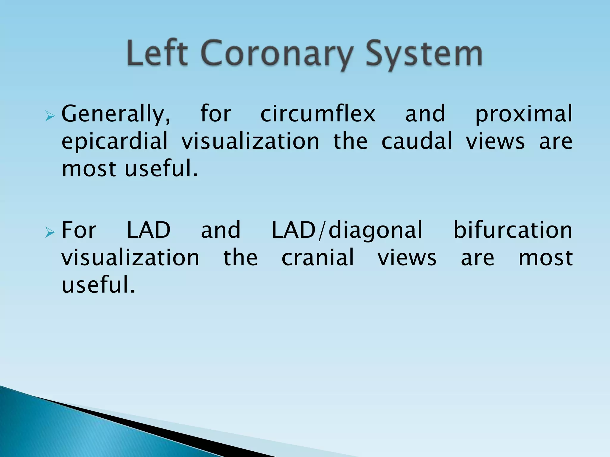    Generally, for circumflex and proximal
    epicardial visualization the caudal views are
    most useful.

   For LAD and LAD/diagonal bifurcation
    visualization the cranial views are most
    useful.
 