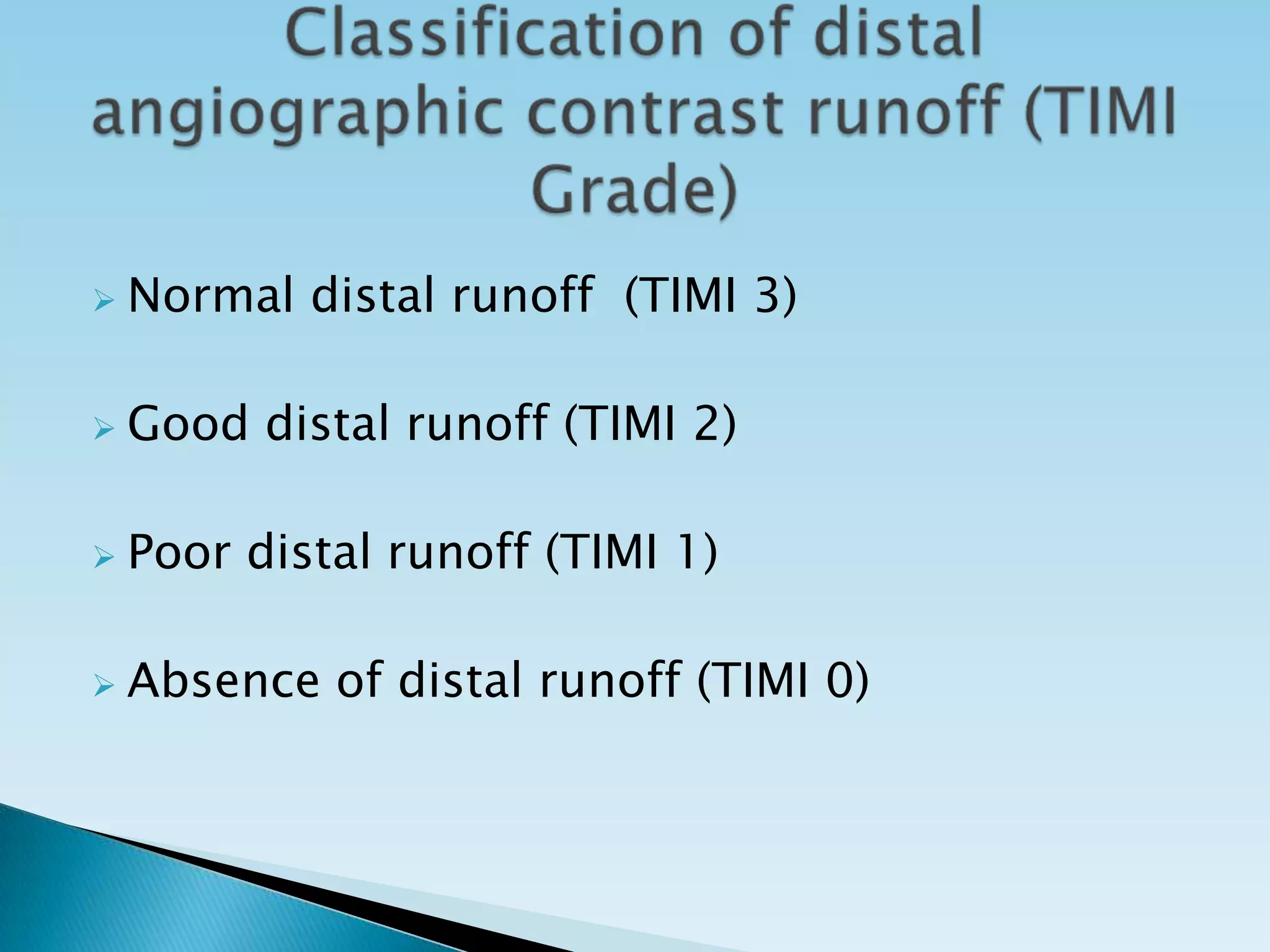   Normal distal runoff (TIMI 3)

   Good distal runoff (TIMI 2)

   Poor distal runoff (TIMI 1)

   Absence of distal runoff (TIMI 0)
 