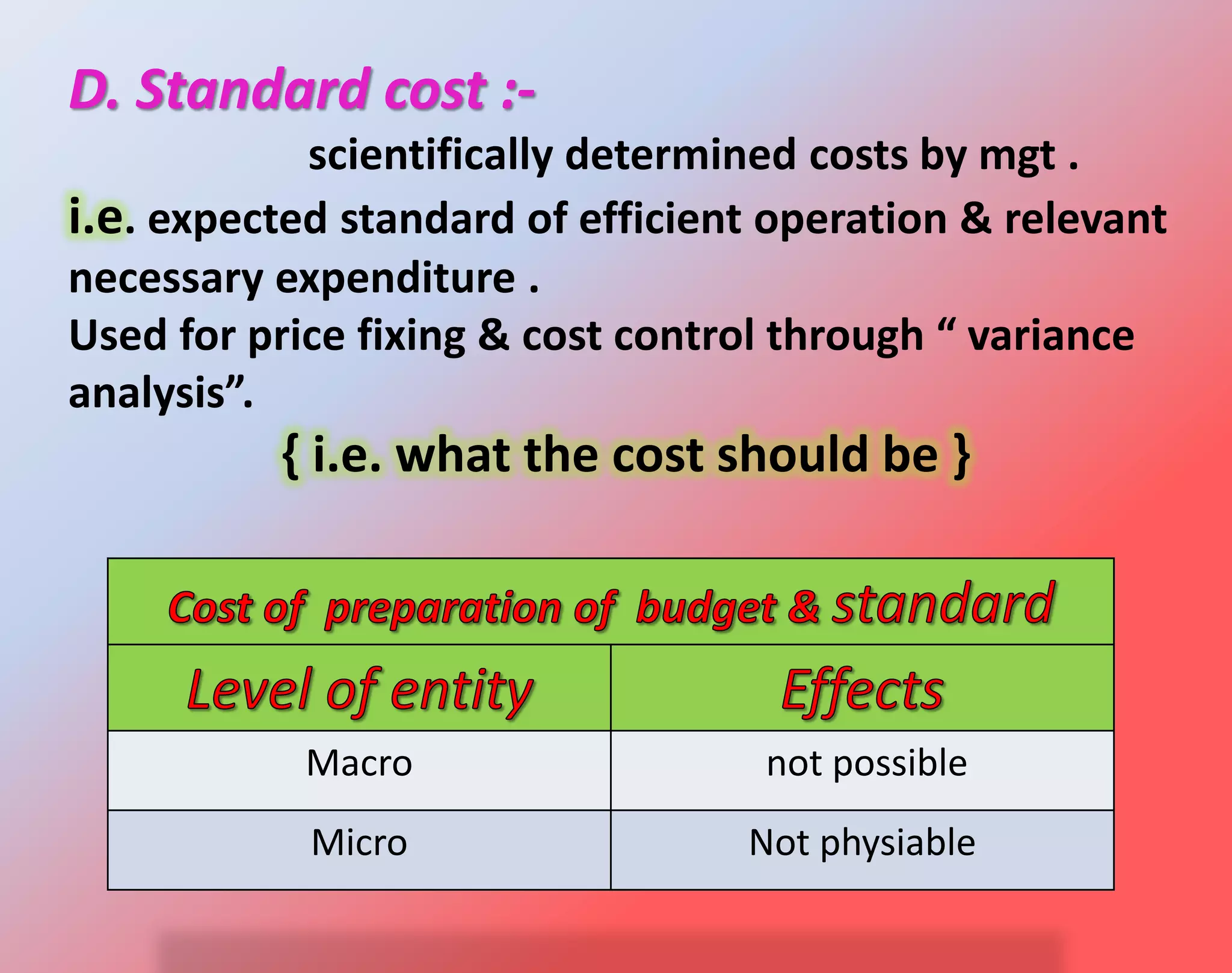 D. Standard cost :-
scientifically determined costs by mgt .
i.e. expected standard of efficient operation & relevant
necessary expenditure .
Used for price fixing & cost control through “ variance
analysis”.
{ i.e. what the cost should be }
Macro not possible
Micro Not physiable
 