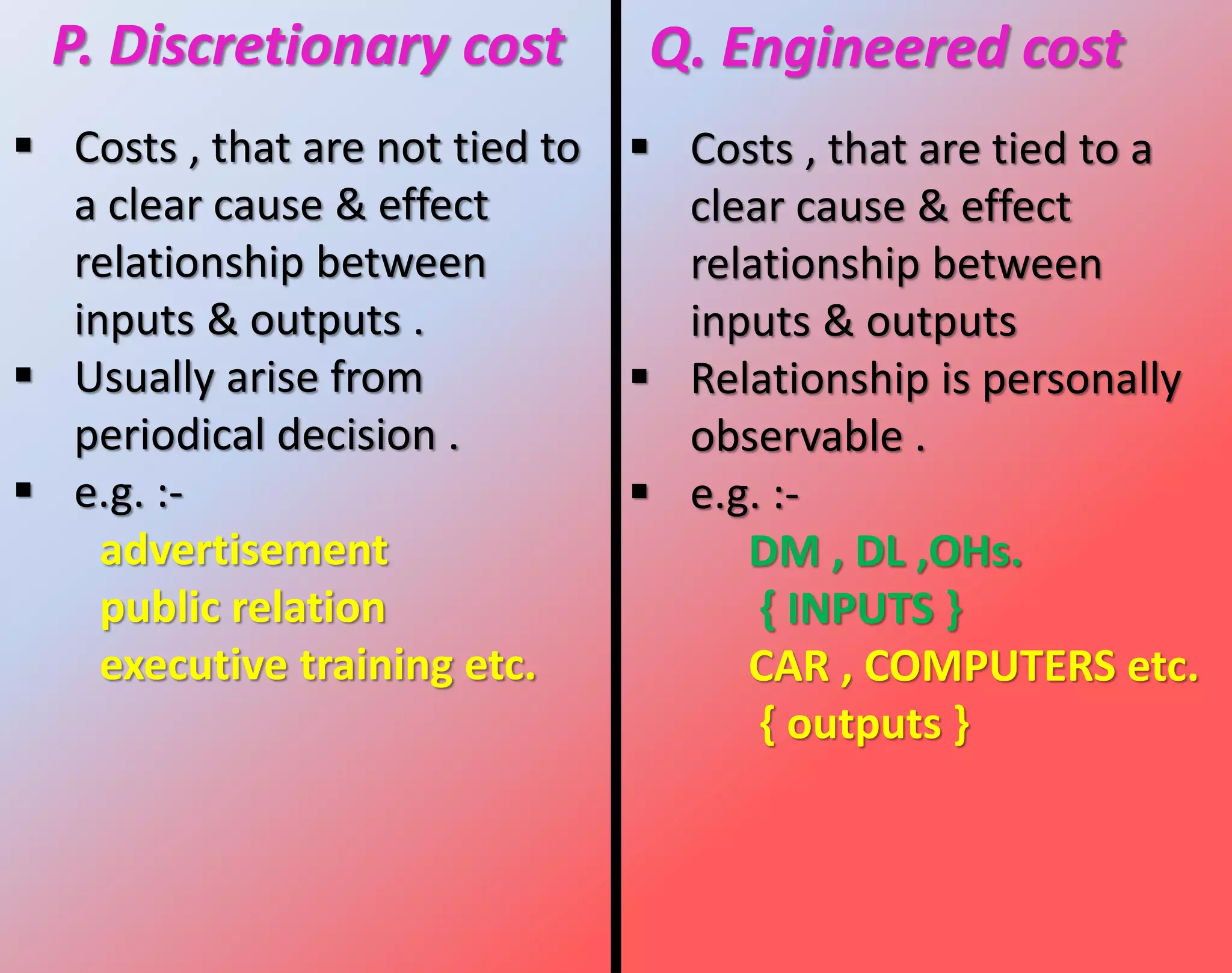 P. Discretionary cost
 Costs , that are not tied to
a clear cause & effect
relationship between
inputs & outputs .
 Usually arise from
periodical decision .
 e.g. :-
advertisement
public relation
executive training etc.
 Costs , that are tied to a
clear cause & effect
relationship between
inputs & outputs
 Relationship is personally
observable .
 e.g. :-
DM , DL ,OHs.
{ INPUTS }
CAR , COMPUTERS etc.
{ outputs }
Q. Engineered cost
 