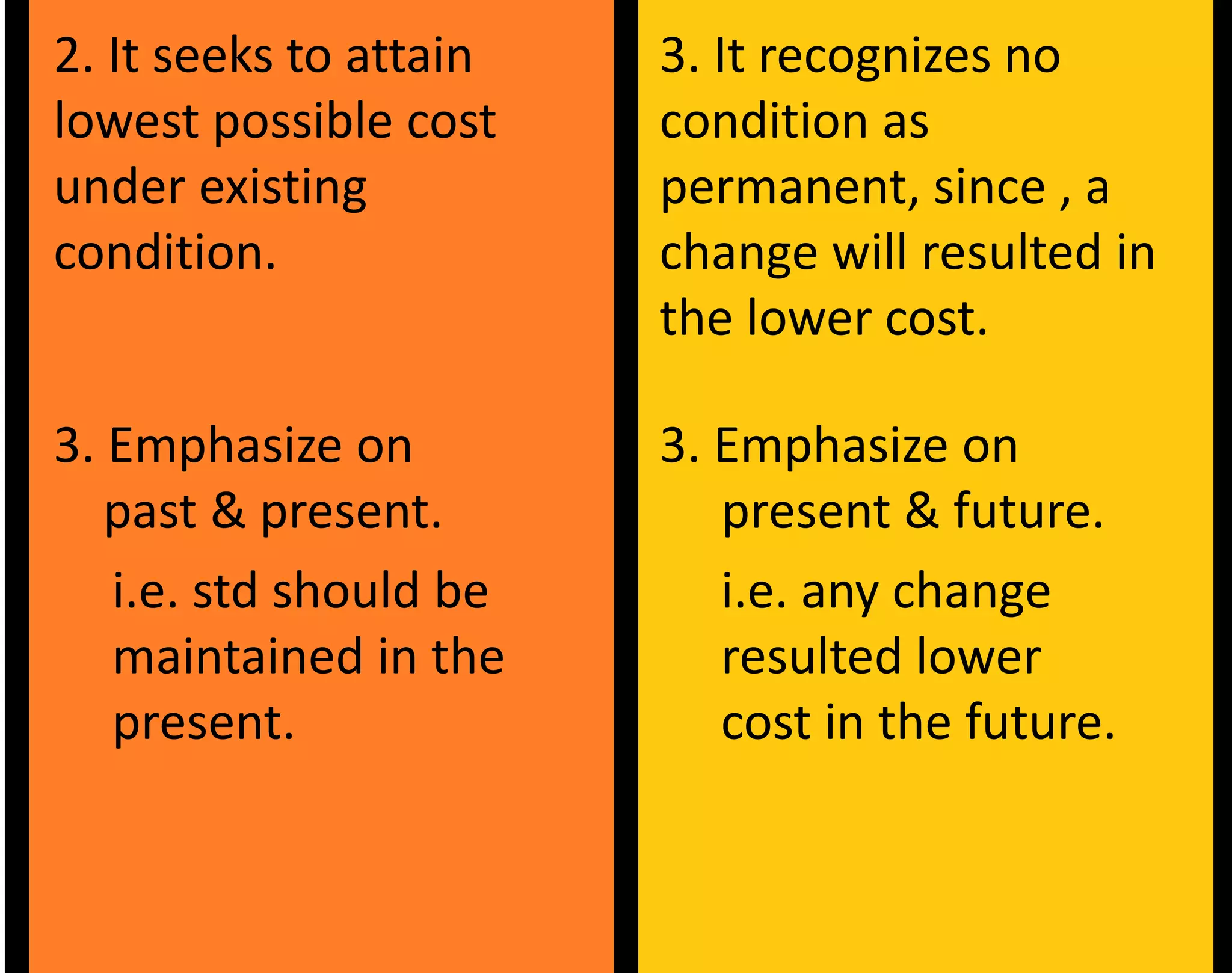 2. It seeks to attain
lowest possible cost
under existing
condition.
3. It recognizes no
condition as
permanent, since , a
change will resulted in
the lower cost.
3. Emphasize on
past & present.
3. Emphasize on
present & future.
i.e. std should be
maintained in the
present.
i.e. any change
resulted lower
cost in the future.
 