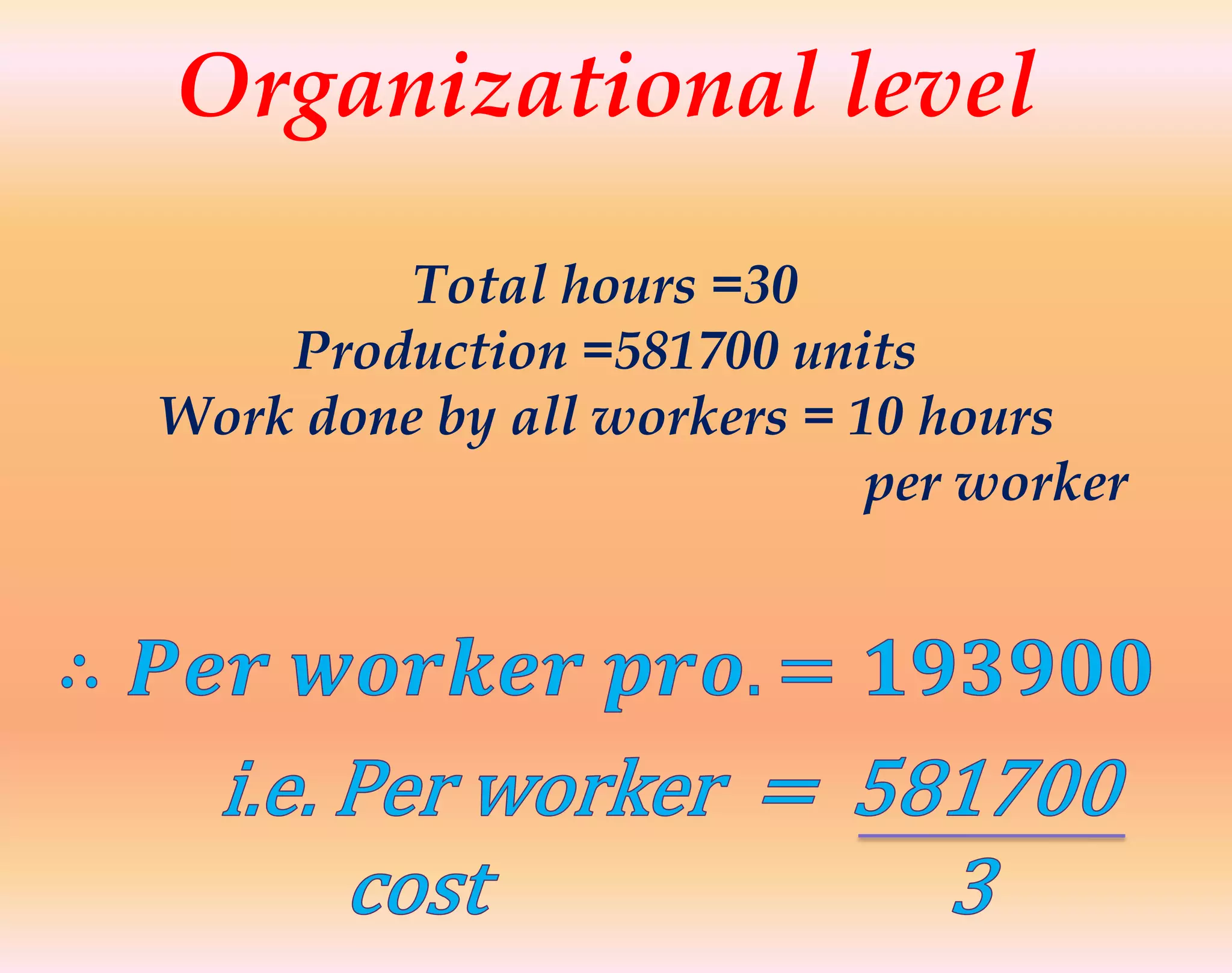 Organizational level
Total hours =30
Production =581700 units
Work done by all workers = 10 hours
per worker
 