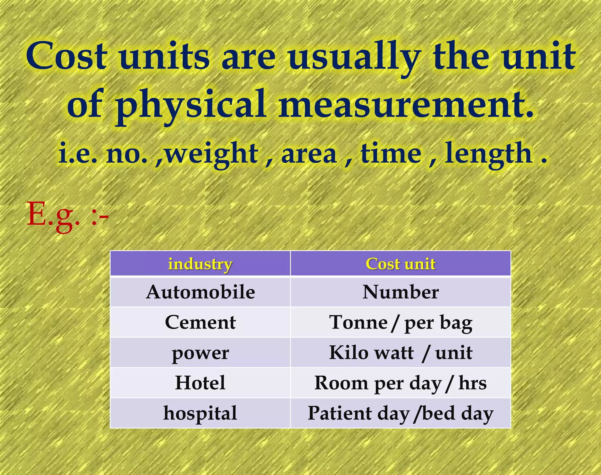 Cost units are usually the unit
of physical measurement.
E.g. :-
industry Cost unit
Automobile Number
Cement Tonne / per bag
power Kilo watt / unit
Hotel Room per day / hrs
hospital Patient day /bed day
i.e. no. ,weight , area , time , length .
 