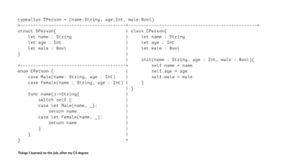 typealias TPerson = (name:String, age:Int, male:Bool)
+-----------------------------------------+--------------------------------------------------+
struct SPerson{ | class CPerson{
let name : String | let name : String
let age : Int | let age : Int
let male : Bool | let male : Bool
} |
| init(name : String, age : Int, male : Bool){
+-----------------------------------------+ self.name = name
enum EPerson { | self.age = age
case Male(name: String, age : Int) | self.male = male
case Female(name : String, age : Int) | }
| }
func name()->String{ |
switch self { |
case let Male(name, _): |
return name |
case let Female(name, _): |
return name |
} |
} |
} +
Things'I'learned'on'the'job,'a3er'my'CS'degree
 