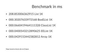 Benchmark*in*ms
• 208.853006362915+List+1K
• 000.30207633972168+BoxEList+1K
• 000.0660419464111328+ClassList+1K
• 000.0400543212890625+EEList+1K
• 000.0429153442382812+Array+1K
Things'I'learned'on'the'job,'a3er'my'CS'degree
 
