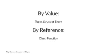 By#Value:
Tuple,'Struct'or'Enum
By#Reference:
Class,&Func+on
Things'I'learned'on'the'job,'a3er'my'CS'degree
 