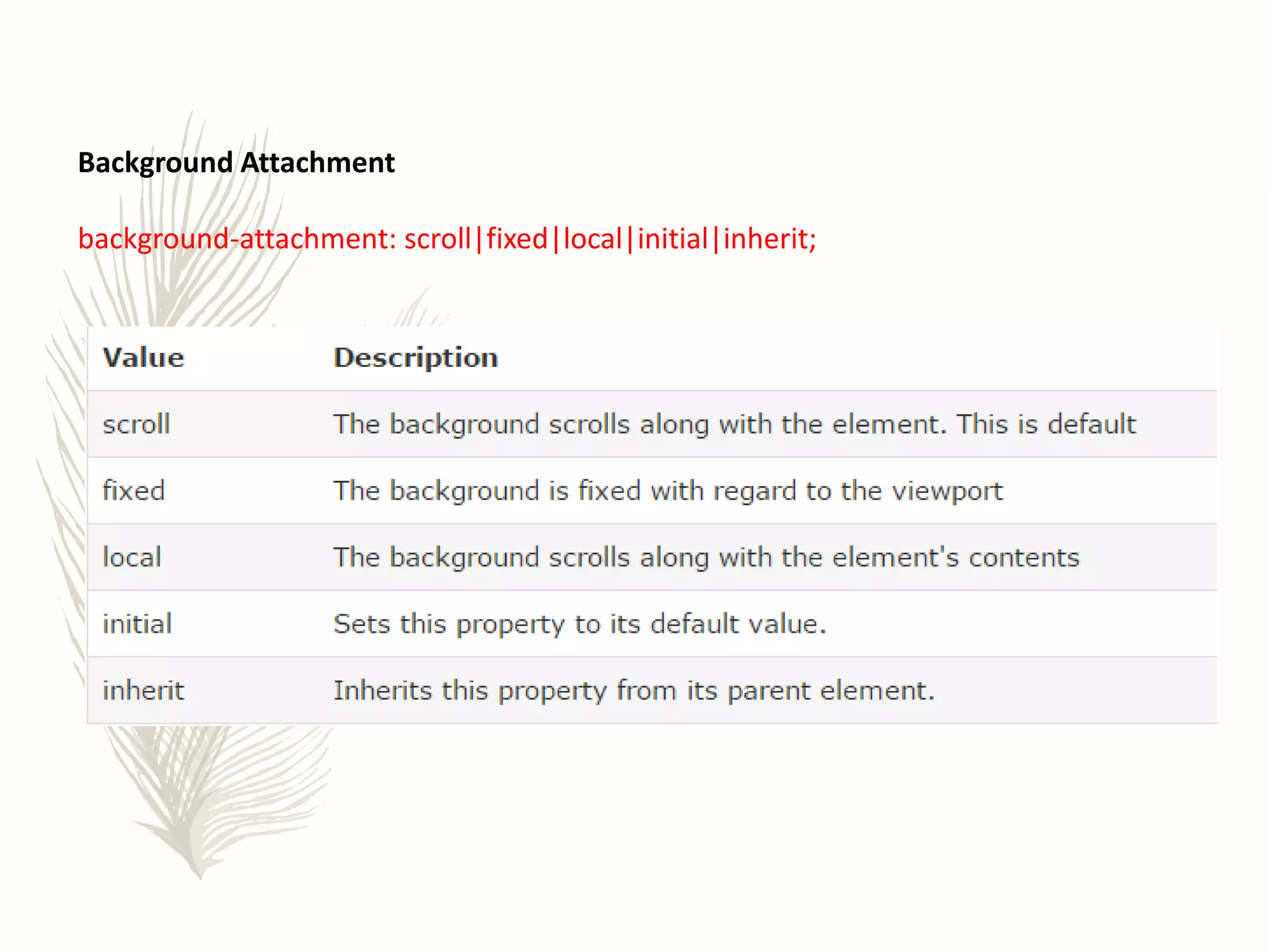 Background Attachment
background-attachment: scroll|fixed|local|initial|inherit;
 