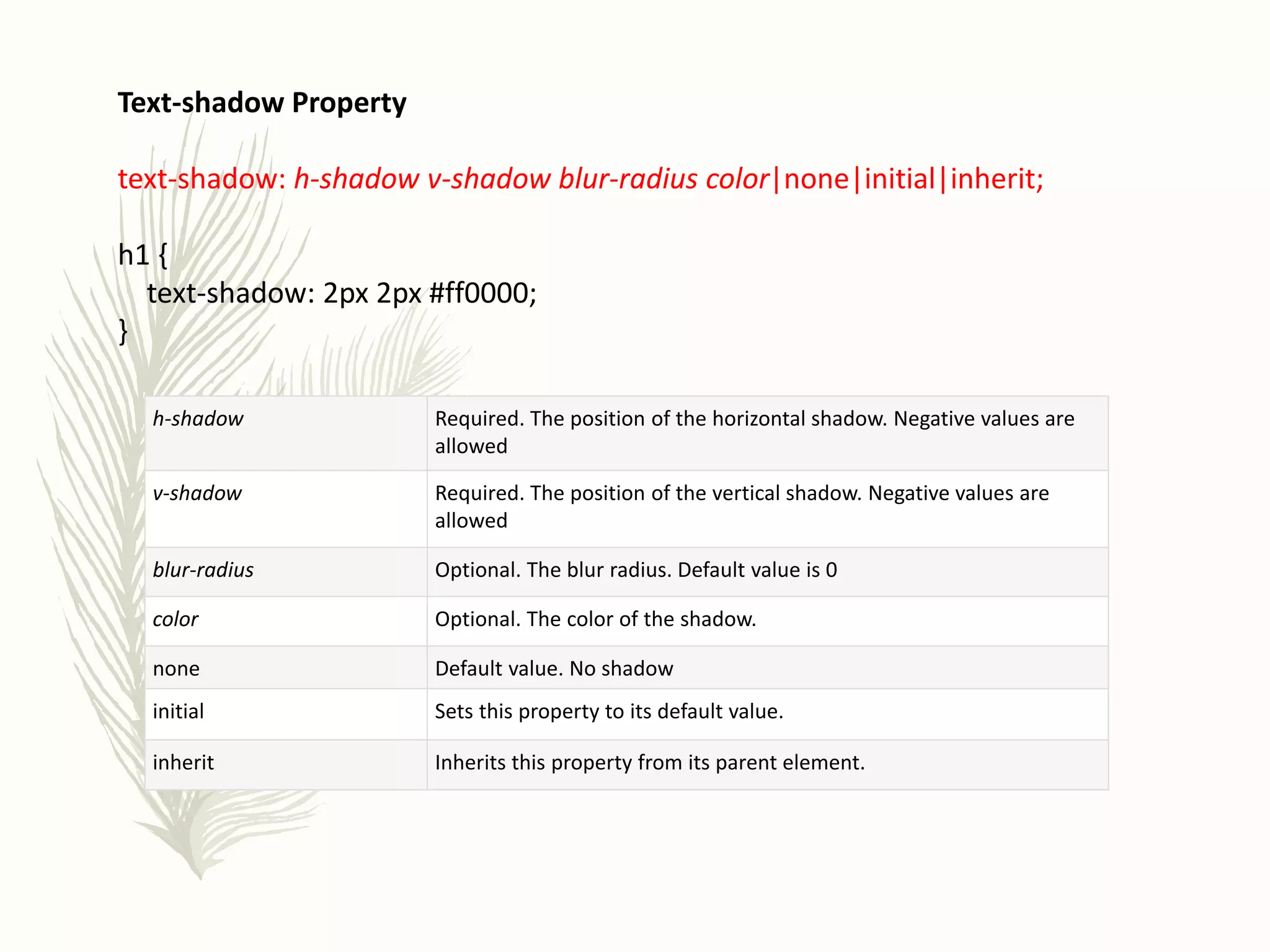 Text-shadow Property
text-shadow: h-shadow v-shadow blur-radius color|none|initial|inherit;
h1 {
text-shadow: 2px 2px #ff0000;
}
h-shadow Required. The position of the horizontal shadow. Negative values are
allowed
v-shadow Required. The position of the vertical shadow. Negative values are
allowed
blur-radius Optional. The blur radius. Default value is 0
color Optional. The color of the shadow.
none Default value. No shadow
initial Sets this property to its default value.
inherit Inherits this property from its parent element.
 