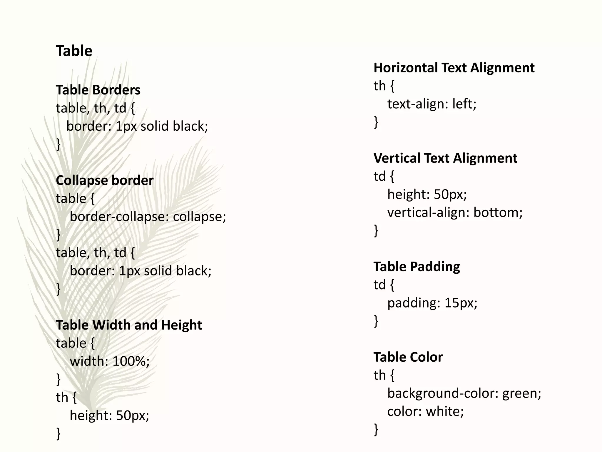 Table
Table Borders
table, th, td {
border: 1px solid black;
}
Collapse border
table {
border-collapse: collapse;
}
table, th, td {
border: 1px solid black;
}
Table Width and Height
table {
width: 100%;
}
th {
height: 50px;
}
Horizontal Text Alignment
th {
text-align: left;
}
Vertical Text Alignment
td {
height: 50px;
vertical-align: bottom;
}
Table Padding
td {
padding: 15px;
}
Table Color
th {
background-color: green;
color: white;
}
 