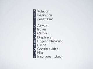 R
I
P
A
B
C
D
E
F
G
H
I
Rotation
Inspiration
Penetration
Airway
Bones
Cardia
Diaphragm
Edges/ effusions
Fields
Gastric bubble
Hila
Insertions (tubes)
 