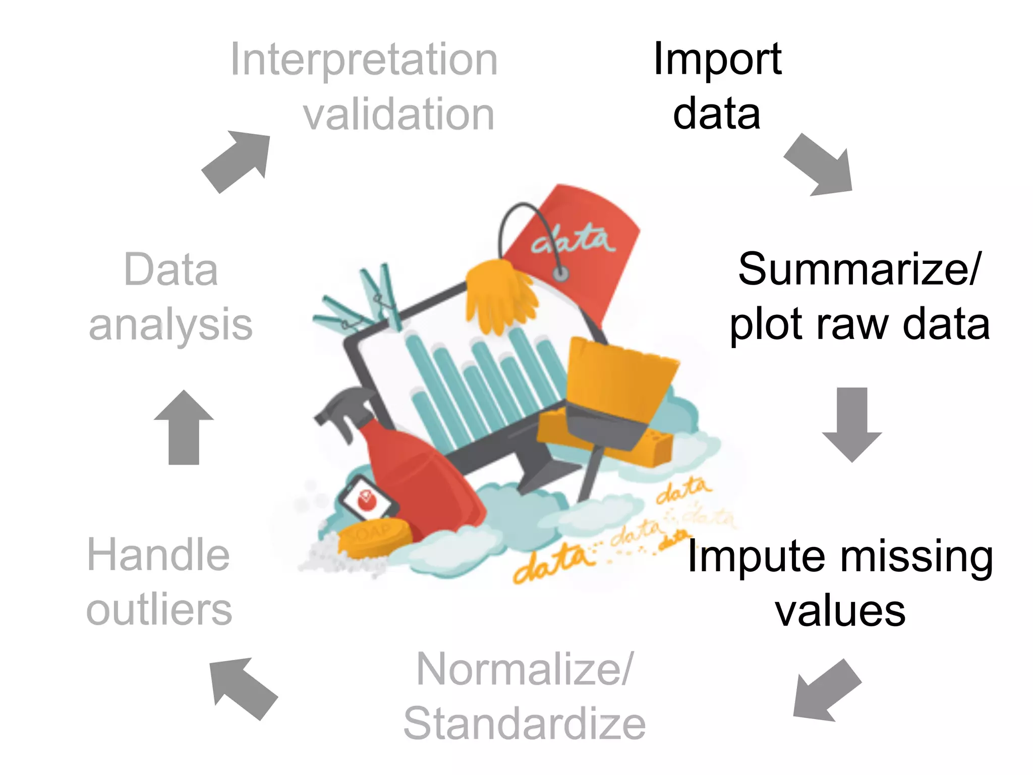 Interpretation
Summarize/
plot raw data
Impute missing
values
Normalize/
Standardize
Handle
outliers
Data
analysis
Import
datavalidation
 