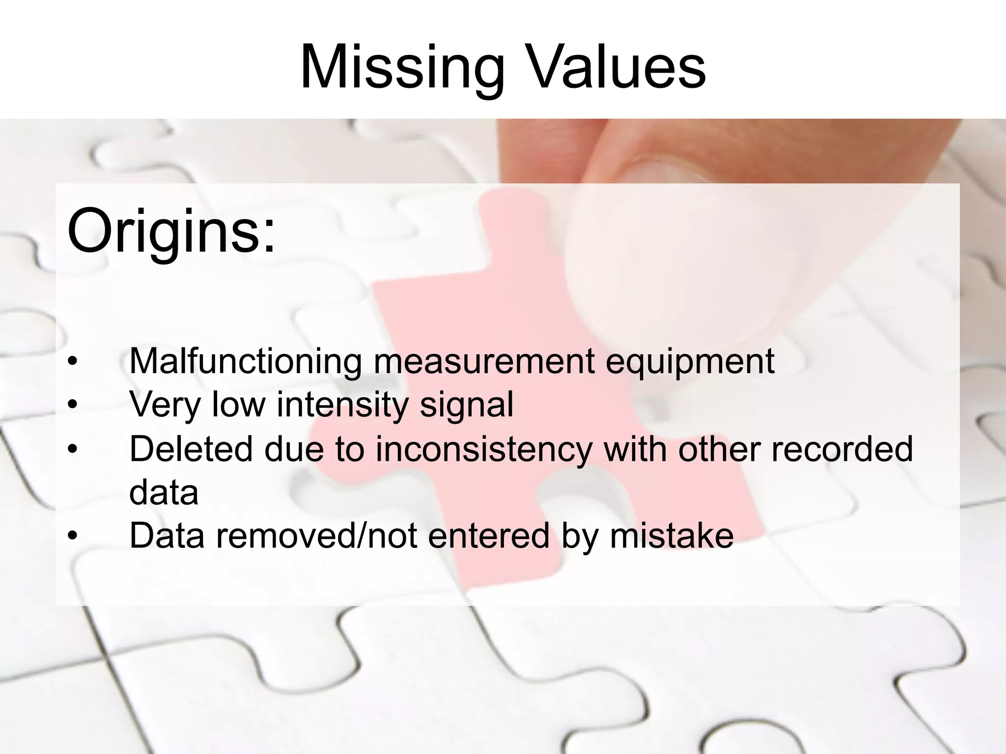 Missing Values
Origins:
•  Malfunctioning measurement equipment
•  Very low intensity signal
•  Deleted due to inconsistency with other recorded
data
•  Data removed/not entered by mistake
 