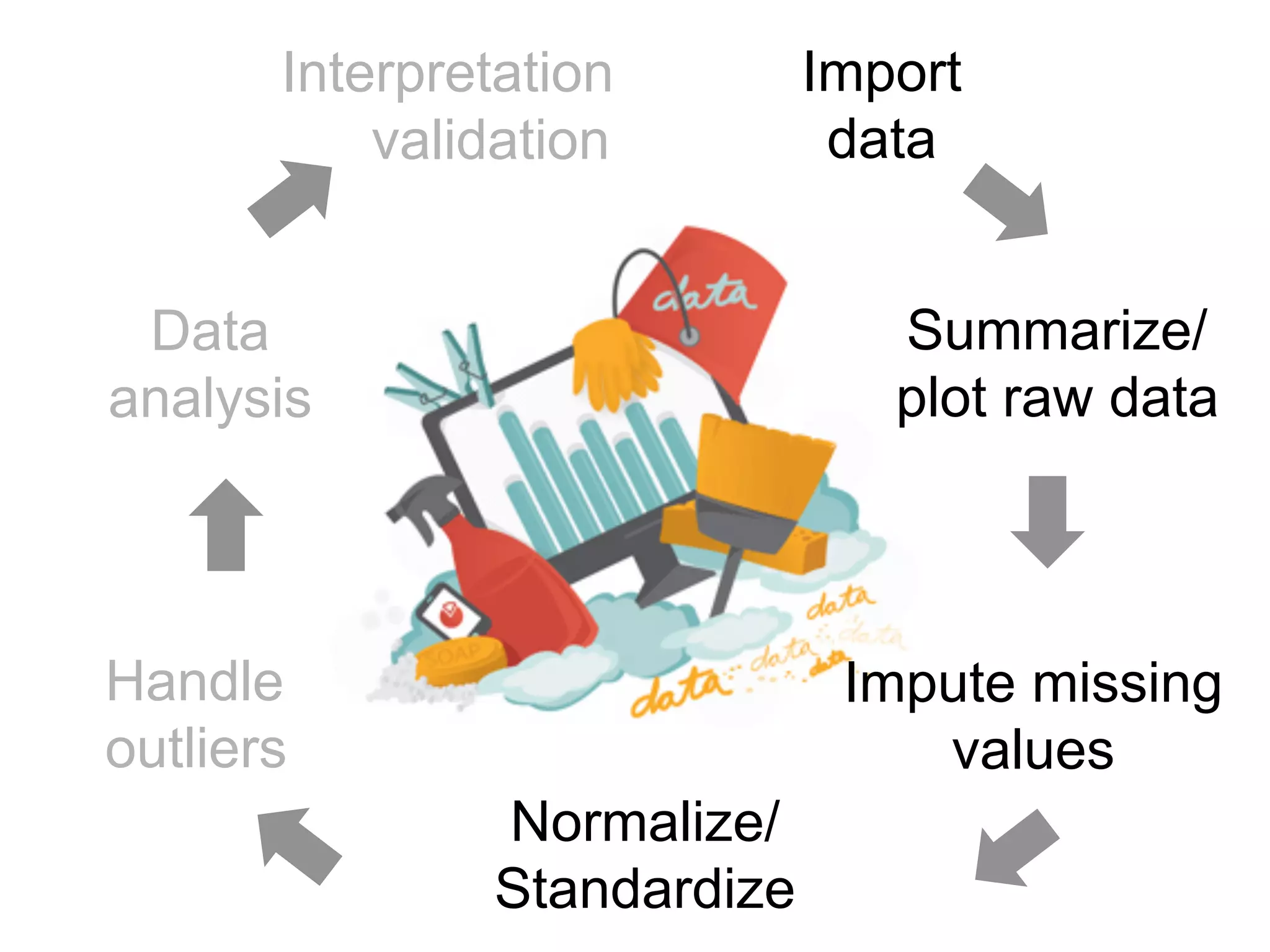 Interpretation
Summarize/
plot raw data
Impute missing
values
Normalize/
Standardize
Handle
outliers
Data
analysis
Import
datavalidation
 