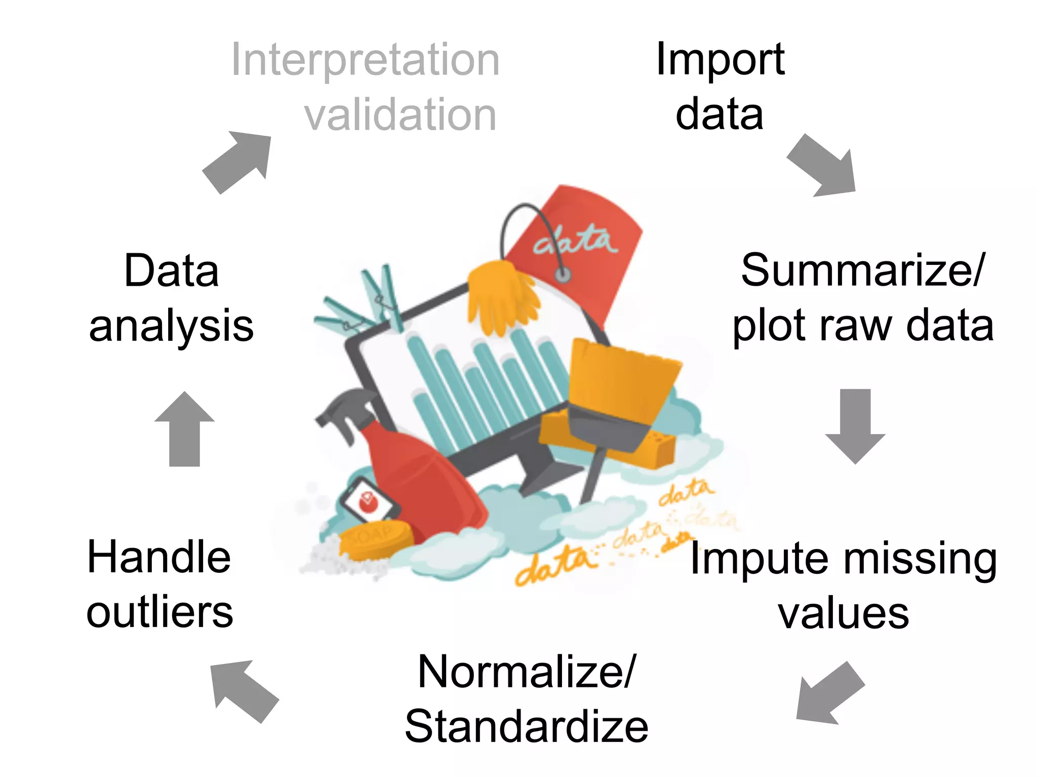 Interpretation
Summarize/
plot raw data
Impute missing
values
Normalize/
Standardize
Handle
outliers
Data
analysis
Import
datavalidation
 