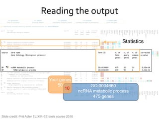 Reading#the#output#
Statistics
Your genes
50 GO:0034660
ncRNA metabolic process
475 genes
10
Slide credit: Priit Adler ELIXIR-EE tools course 2016
 