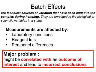 Batch Effects
Measurements are affected by:
•  Laboratory conditions
•  Reagent lots
•  Personnel differences
are technical sources of variation that have been added to the
samples during handling. They are unrelated to the biological or
scientific variables in a study.
Major problem :
might be correlated with an outcome of
interest and lead to incorrect conclusions
 