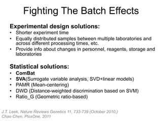 Fighting The Batch Effects
Experimental design solutions:
•  Shorter experiment time
•  Equally distributed samples between multiple laboratories and
across different processing times, etc.
•  Provide info about changes in personnel, reagents, storage and
laboratories
Statistical solutions:
•  ComBat
•  SVA(Surrogate variable analysis, SVD+linear models)
•  PAMR (Mean-centering)
•  DWD (Distance-weighted discrimination based on SVM)
•  Ratio_G (Geometric ratio-based)
J.T. Leek, Nature Reviews Genetics 11, 733-739 (October 2010,)
Chao Chen, PlosOne, 2011
 